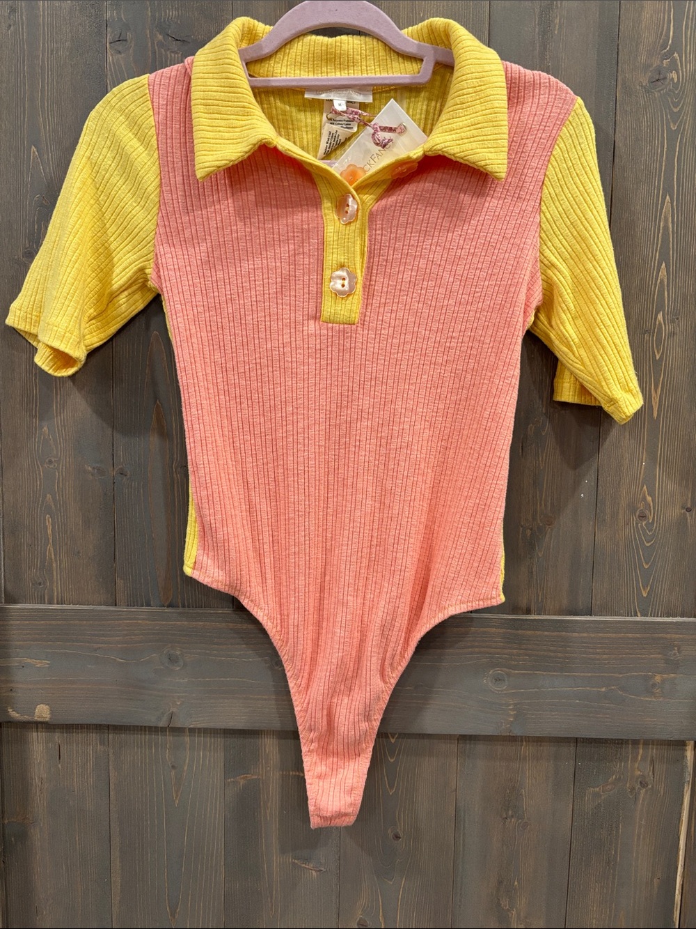 LoveShackFancy Pink and Yellow Ribbed Polo Bodysuit